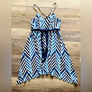 Motherhood Maternity dress, blue stripe, spaghetti strap, cross cross back,sz XL